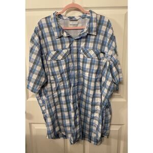 Columbia PFG Men's Short Sleeve Blue Plaid Button-Up Fishing Shirt, 3XL